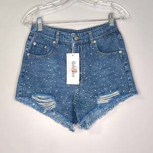 GeeGee Women's Blue High Rise Cut Off Denim Shorts Rhinestone Pockets S distress
